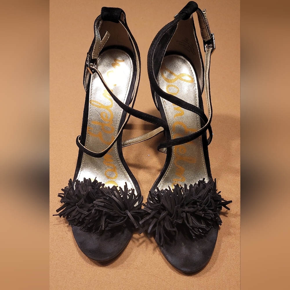 Sam Edelman Black Suede Fringe Open-Toe Heels